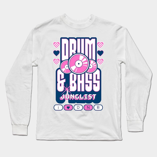 DRUM AND BASS  - 3 Records & Hearts (Navy/Pink) Long Sleeve T-Shirt by DISCOTHREADZ 